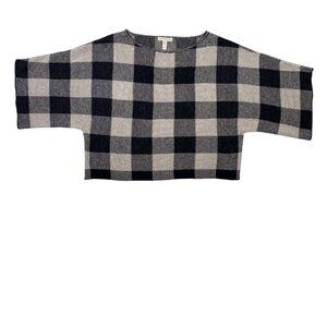 Eileen Fisher Buffalo Check Sweater‎ Size XXS Crop Plaid Linen Black & Beige